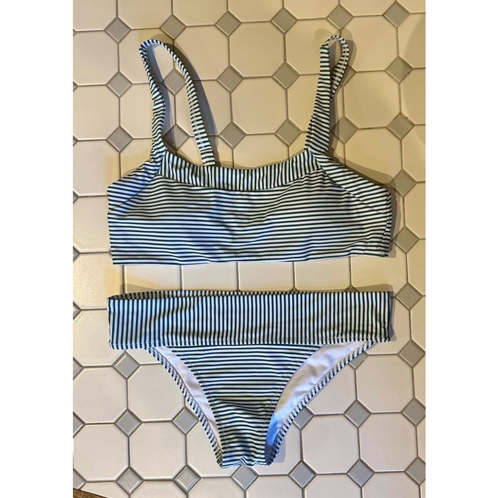 Beachsisi Medium (both top & bottom) Green & White Striped Bikini